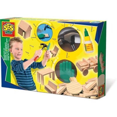 SES Creative – Timmerset – Montessori speelgoed – hout, hamer, spijkers en lijm – met veiligheidshand – vanaf 5 jaar