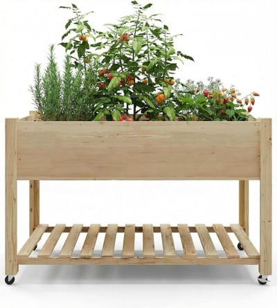 Houten Verhoogde Kweekbak op Poten – Mobiele Moestuinbak met Wielen en Opbergrek – Ergonomische Moestuin voor Balkon, Terras en Tuin – 121 x 60 x 76 cm – Naturel