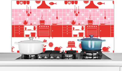 Spatscherm keuken 120x60 cm - Kookplaat achterwand Patronen - Pannen - Design - Huis - Roze - Muurbeschermer - Spatwand fornuis - Hoogwaardig aluminium