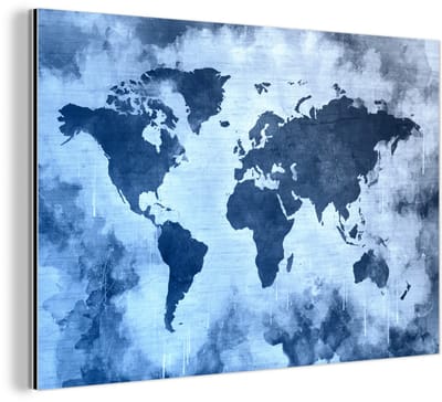Aluminium schilderij 120x80 cm - Wanddecoratie metaal - Wereldkaart - Kleur - Blauw - Metalen muurdecoratie woonkamer - Decoratie industrieel - Foto op dibond - Industriële accessoires slaapkamer
