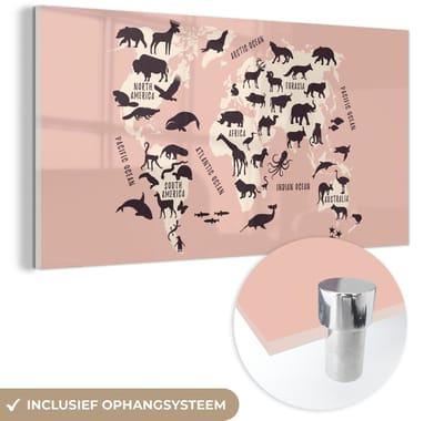 ® Glasschilderij 80x40 cm - Schilderij acrylglas - Wereldkaart - Dier - Roze - Foto op glas - Muurdecoratie woonkamer - Wanddecoratie slaapkamer - Schilderijen