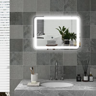 Wishdor - Badkamerspiegel Met Ledverlichting - Touchbediening En Anti-Condens - Modern - Voor Badkamer - Gehard Glas - Zilver - 50 X 70 Cm