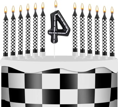 Verjaardagskaarsen Raceauto Thema - Taart Decoratie - Feestelijke Viering - Geruit Ontwerp - 13 Stuks - Zwart Wit