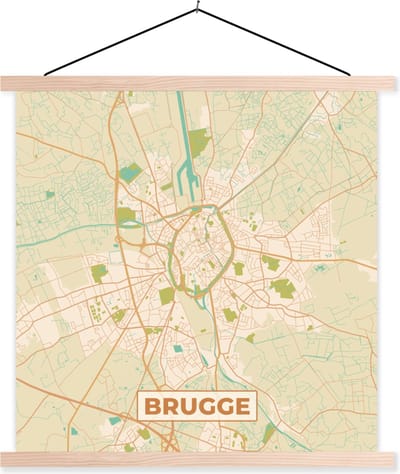 Posterhanger incl. Poster 40x40 cm - Schoolplaat - Brugge - Kaart - Plattegrond - Brugge - Stadskaart - Textielposter - Blanke latten - Stadskaart