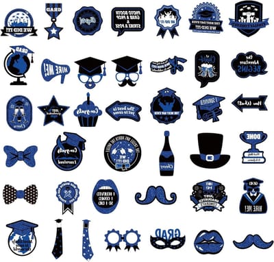 40 Stuks Afstudeer Foto Booth Props met Bachelors Hoed en Trofee voor Feestdecoratie en Fotografie Class of 2025 (Blauw, Zwart)