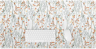Wallfluent - Herfstbloemen Op Een Tak Bureau Onderlegger - 100x50 cm - Wit Computer Mat - Boho-patroon Bureau Pad - Bureau Onderlegger Groot - Kantoor Decoraties - Bureauonderlegger