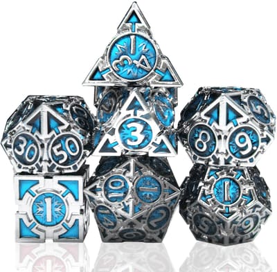 Dobbelst.Set Metaal Silver/Blauw pijlen