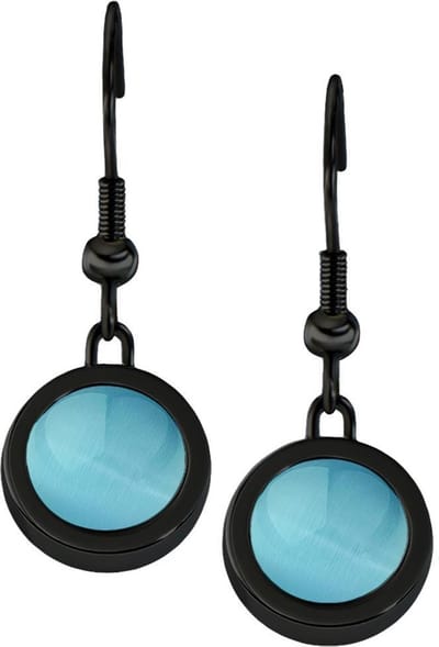 Quiges RVS Schroefsysteem Oorhangers Oorbellen Zwart met Verwisselbare Cat's Eye Blauw Mini Munt Set - ECOS279