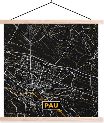 Posterhanger incl. Poster 40x40 cm - Schoolplaat - Stadskaart – Frankrijk – Kaart – Pau – Plattegrond - Textielposter - Blanke latten - Stadskaart