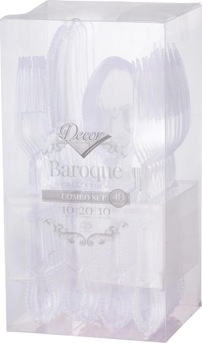 Decorline - Herbruikbare robuuste plastic bestekset Transparent - 40-delig - met elk 20 vorken, 10 messen en 10 soeplepels - Baroque Collection voor Kerstmis,Bruiloften, Verjaardagen, Feesten en Evenementen.