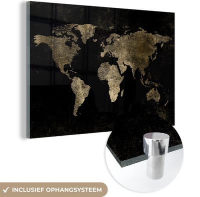 ® Glasschilderij 120x80 cm - Schilderij acrylglas - Wereldkaart - Zwart - Goud - Foto op glas - Muurdecoratie woonkamer - Wanddecoratie slaapkamer - Schilderijen