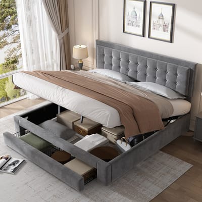 MEUNIQ tweepersoons bed 160 x 200 cm met opbergruimte en schuifladen, grijs fluwelen stof, verstelbaar hoofdbord, lattenbodem, bedframe voor slaapkamer