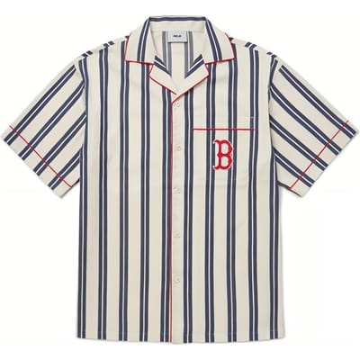 MLB Boston Red Sox Logo Geborduurd Gestreept Knoop-Up Korte Mouw Shirt Unisex shirts Marineblauw 3AWS60123-43NYL M white