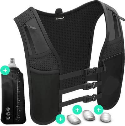 GoGoods® Hardloopvest - Running Vest - Met Verlichting - Telefoonhouder - Incl. 3 LED-lampjes en 500ml Drinkfles - Zwart