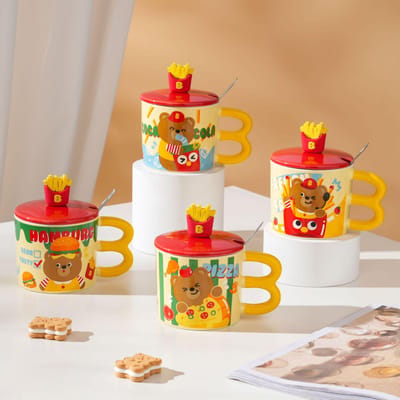 Gepersonaliseerde Keramische Beker met Deksel en Lepel Kleine Frietjes Creatieve Keramische Beker Hoge Waarde Grote Capaciteit Cartoon Beer Mok 350ML white
