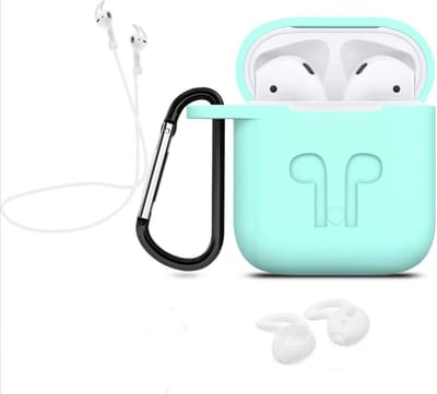 Finnacle - 3-in-1-Set! Hoesje geschikt voor AirPods + Siliconen Case Cover + Beschermhoes + Strap + Earhoox - Mint Groen