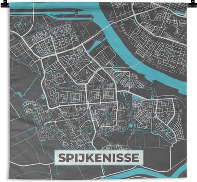 Wandkleed - Wanddoek - Plattegrond - Spijkenisse - Grijs - Blauw - 180x180 cm - Wandtapijt - Stadskaart