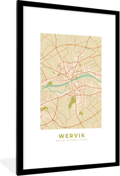 Fotolijst incl. Poster - Stadskaart - Plattegrond - Vintage - Wervik - Kaart - 80x120 cm - Posterlijst