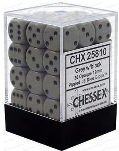 Chessex Opaque grijs zwart D6 12mm Dobbelsteenset 36 stuks.