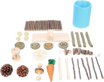 Knaagdier Speelgoedset - Houten Kauwspeeltjes - Tanden Malen - Diverse Accessoires - 21 x 11 x 12 cm - Natuurlijk