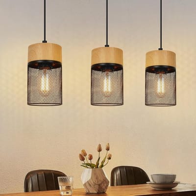 Glitzerlife - Hanglampen - Industriële vintage pendellamp - 3xE27 - verstelbare hoogte - metalen rooster met houtlook - Ø46cm - zwart - hanglamp eetkamer woonkamer keuken