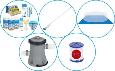 WAYS - Zwembad Accessoirepakket 5-delig - WAYS Onderhoudspakket & Filterpomp (58381) & Zwembad filters Type I & Zwembad stofzuiger & Grondzeil