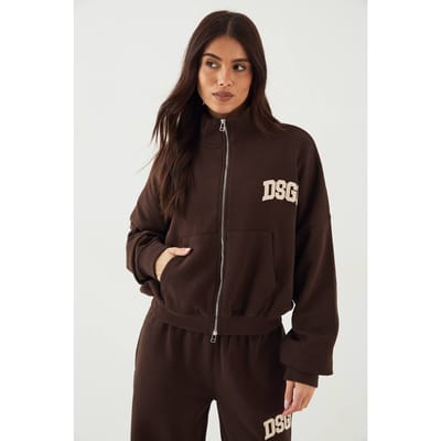 Dames DSGN Studio Cord Applique Ritssluiting Bomber Sweatshirt | Dark Chocolate | Maat: 3XL