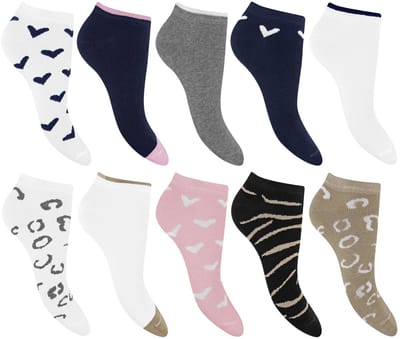 Pierre Cardin Dames Enkelsokken - 10 Paar - Korte Sokken - Lage Sokken - Sneakersokken - Panterprint - Zebraprint - Dierenprint - Hartjes - Maat 35-41