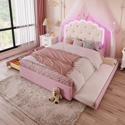 MEUNIQ kinderbed 140 x 200 cm met lattenbodem, uittrekbed, 2 lades en LED verlichting met afstandsbediening, prinsessenbed voor kinderkamer in roze