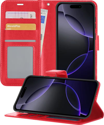 Hoesje - Geschikt voor Apple iPhone 16 Pro - Luxe Bookcase - Walletcase Hoes - Portemonnee - Cover - Telefoonhoes - Rood
