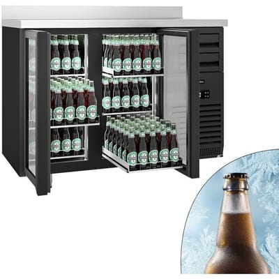 GGM Gastro Bar- & Getränkekühltisch - 1475x700mm - 440 Liter - mit 2 Glastüren & Aufkantung - Schwarz