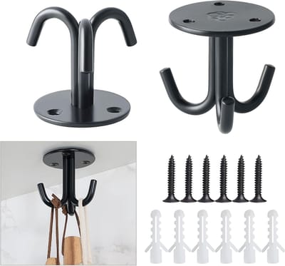 Zwarte Swivel Hooks voor Plafond - RVS Plafondplaat Haak voor Zware Lasten, Ideaal voor Hangende Planten, Lampen en Schommels - 2 Stuks met Schroeven