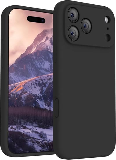 Zwart siliconen telefoon hoesje geschikt voor iPhone 17 Pro dames en heren met verhoogde rand en lens bescherming backcover case