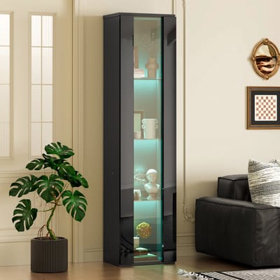 MIVRAY Vitrinekast - Met Glazen Scheidingswand En Kleurwisselende Ledverlichting - Voor Woonkamer En Kantoor - 40x29x170 cm - Spaanplaat - Zwart