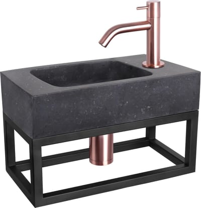 Differnz Fonteinset Bombai black - Natuursteen - Kraan gebogen rood koper - Met handdoekrek - 40 x 22 x 9 cm