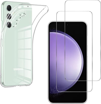 Hoesje Ultraslank geschikt voor Galaxy s23 FE backcover siliconen Transparant en 2 stuks ScreenProtector Gehard Glas