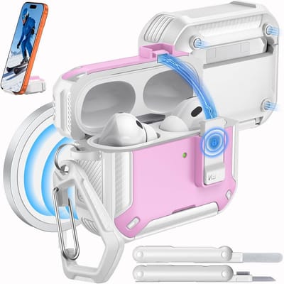 AirPods Pro 3 Hoes met Slot 2025 - Geschikt voor MagSafe, Telefoonstandaard & Auto Pop-up, Militaire Bescherming met Schoonmaakset, Wit + Roze