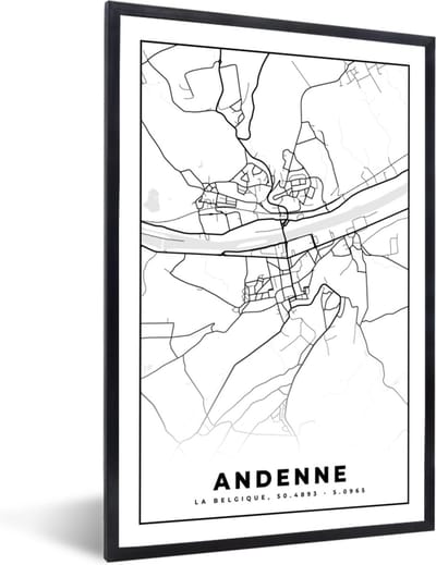 Fotolijst incl. Poster Zwart Wit- Zwart Wit – België – Plattegrond – Stadskaart – Kaart – Andenne - 40x60 cm - Posterlijst
