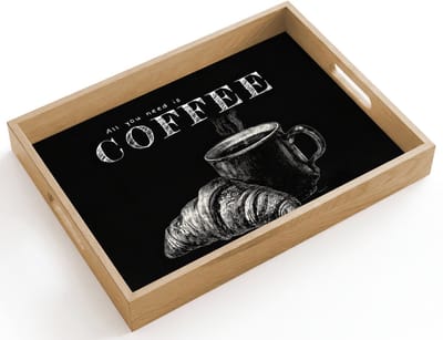Dienblad hout 40x30 cm - Schootdienblad - Koffie - Croissant - Tekst - Borrelplank rechthoek - Plateau dienbladen
