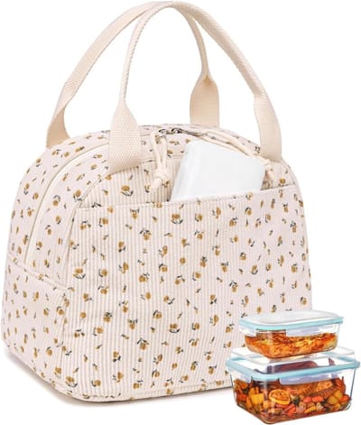 Geïsoleerde lunchtas voor dames met bloemenpatroon - Grote capaciteit thermotas voor school, werk en picknick in beige corduroy