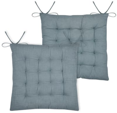 Stof Textile stoelkussen Coline - 2x - ijsblauw - 38 x 38 x 4 cm - touwtjes sluiting - zitkussens - binnen/buiten