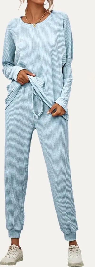 Mamsy Moment Collection - zachte en gezellige geribbelde 2-delige loungewear set - Lichtblauw - S