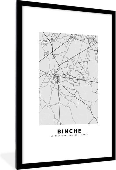 Fotolijst incl. Poster Zwart Wit- Zwart Wit – België – Plattegrond – Stadskaart – Kaart – Binche - 80x120 cm - Posterlijst