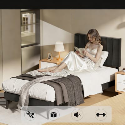 KUTAS Eenpersoonsbed 90x200 cm - Heavy Duty Metalen Bedframe - Gestoffeerd Bed - Met Hoogte Verstelbaa Hoofdbord en Lattenbodem - Met Opbergruimte Onder Bed - Stevig - Stil - Anti Slip - Opbergruimte Onder Bed - Draagkracht 480 kg - Zwart
