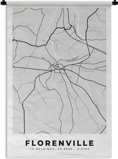 Wandkleed - Wanddoek - Kaart – Plattegrond – Stadskaart – Florenville – België – Zwart Wit - 120x180 cm - Wandtapijt