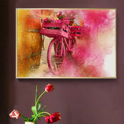 Allernieuwste.nl® Canvas Schilderij Bloemen Fiets Aquarel - Abstract - Kleur Rood - 50 x 70 cm