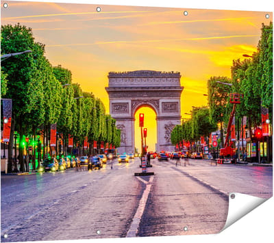 Gards Tuinposter Arc de Triomphe in Parijs vanaf de Straat - 120x90 cm - Tuindoek - Tuindecoratie - Wanddecoratie buiten - Tuinschilderij