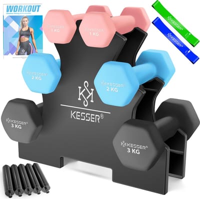 KESSER® Dumbells Set 3 Paren (2x 1, 2 & 3kg) = 12 kg totaal | 6x Dumbbells verstelbaar Geschikt voor Fitness Zumba & Aerobics | Halters Gewichten Set met Standaard | Halterset met oefeningenboekje, 2x fitnessbanden