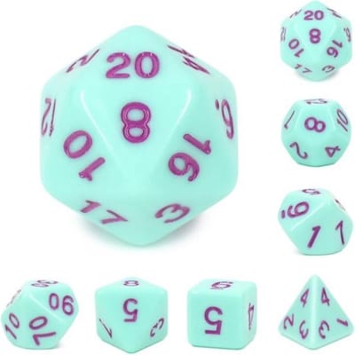 Polyset Dice | Dobbelstenen - Set Van 7 Stuks - Mint Groen en Paars | Polydice | Voor D&D en Andere Rollenspellen | Plastic Dobbelstenen Set voor Dungeons and Dragons | Polyhedral Dice Set | Met Mooie Zwarte Velvet Dice Bag voor Ongeveer 3 Sets