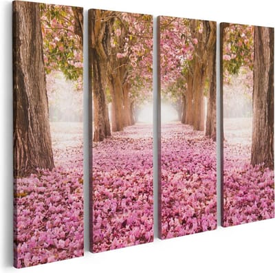 Artaza Canvas Schilderij Vierluik Romantische Bomen Tunnel Met Roze Anjers - 80x60 - Foto Op Canvas - Canvas Print